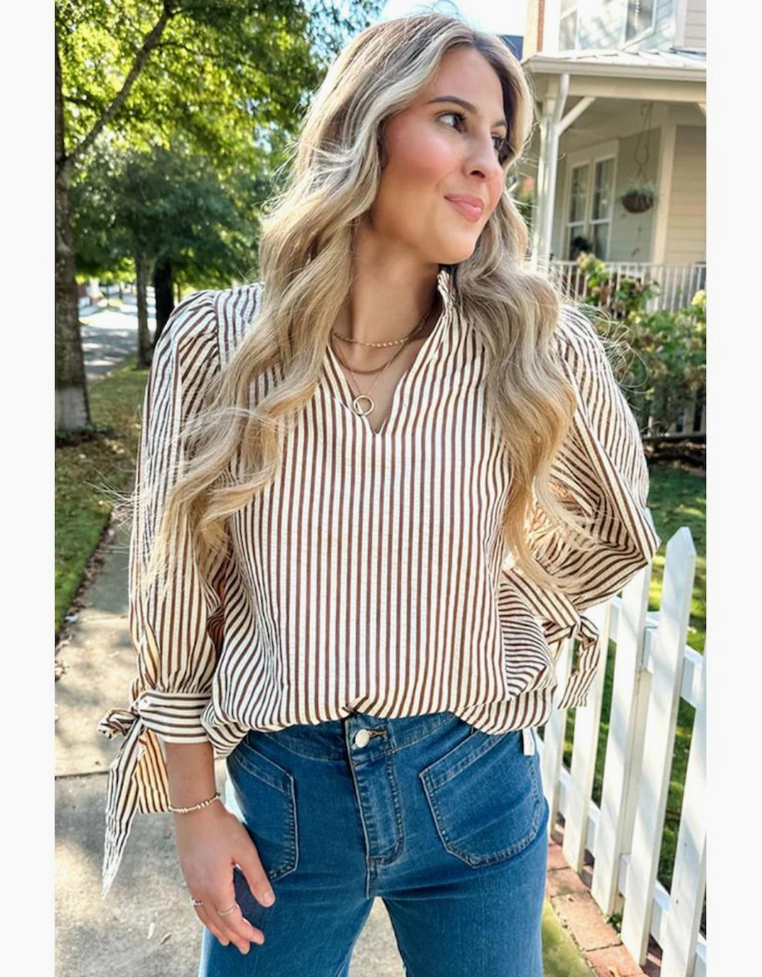 Straw Yellow Striped Print Tied Cuffs Split Neck Seersucker Blouse