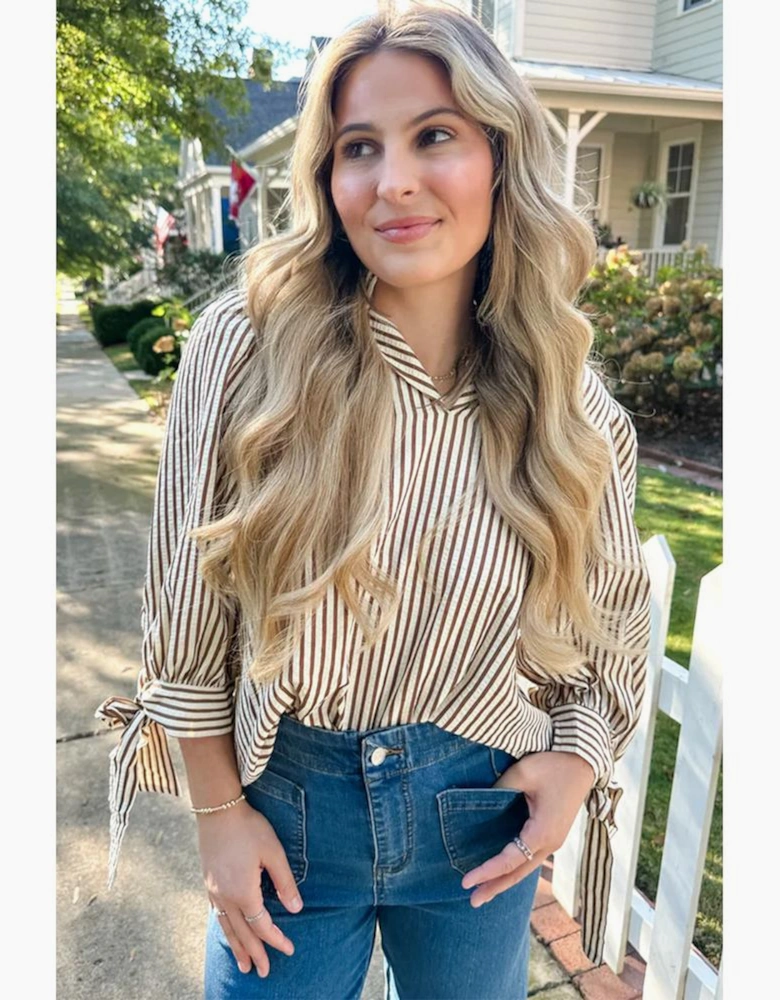 Straw Yellow Striped Print Tied Cuffs Split Neck Seersucker Blouse
