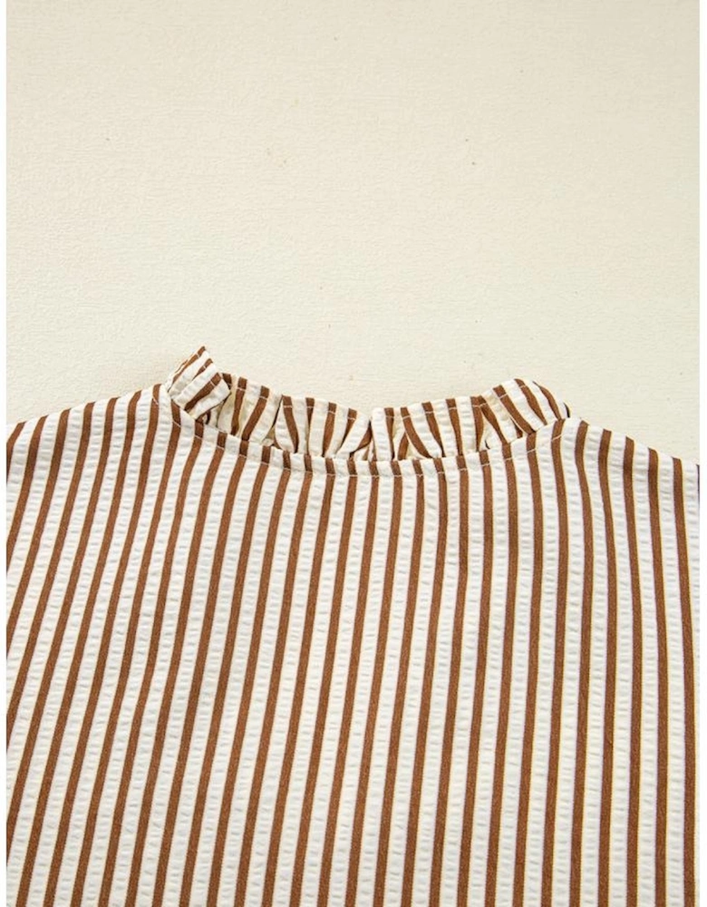 Straw Yellow Striped Print Tied Cuffs Split Neck Seersucker Blouse