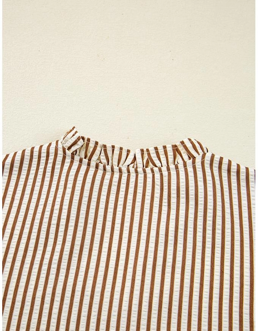 Straw Yellow Striped Print Tied Cuffs Split Neck Seersucker Blouse