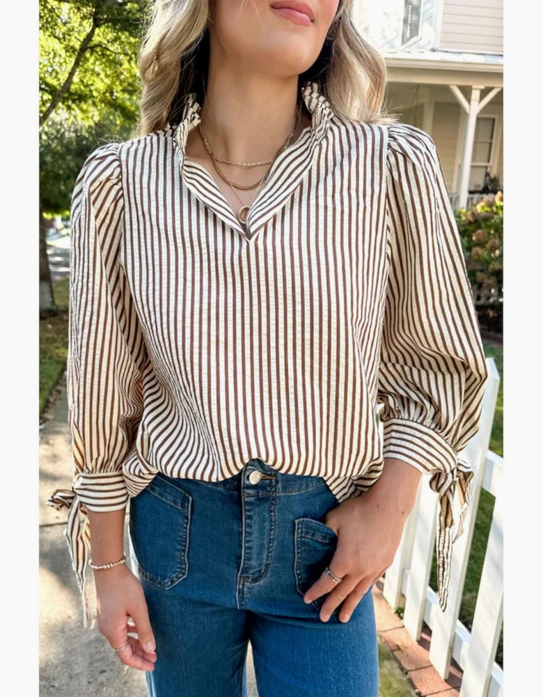Straw Yellow Striped Print Tied Cuffs Split Neck Seersucker Blouse