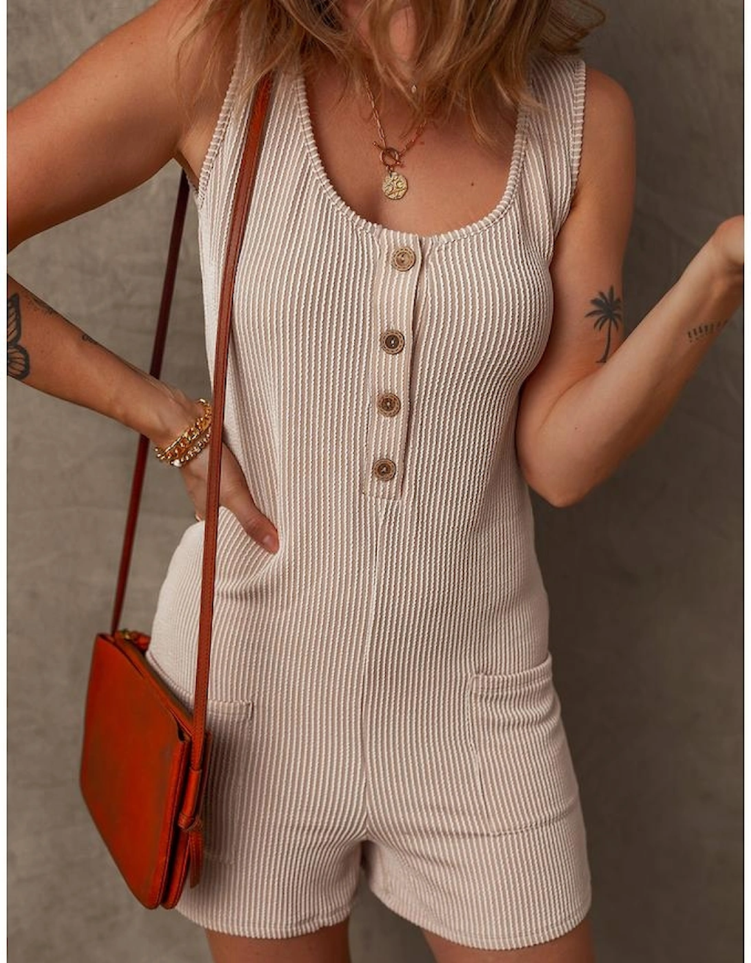 Parchment Corded Knit Side Pockets Buttoned Sleeveless Romper, 16 of 15