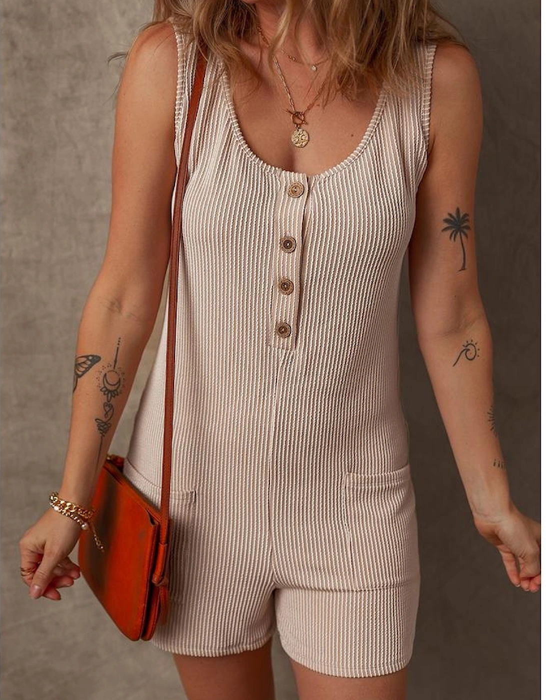 Parchment Corded Knit Side Pockets Buttoned Sleeveless Romper