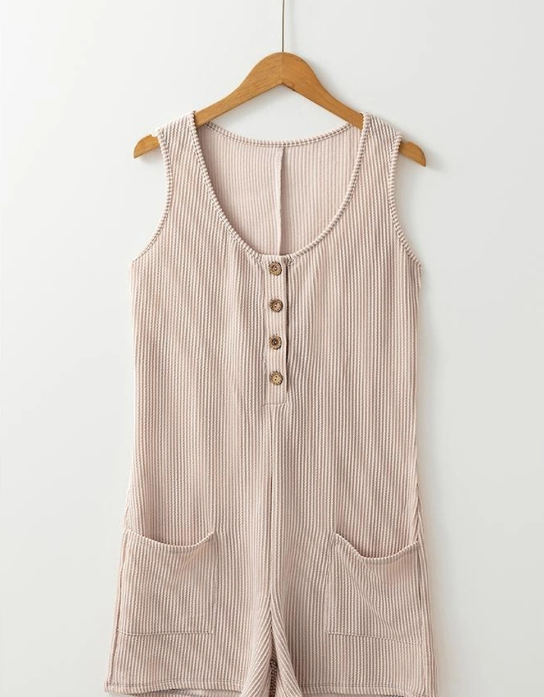 Parchment Corded Knit Side Pockets Buttoned Sleeveless Romper
