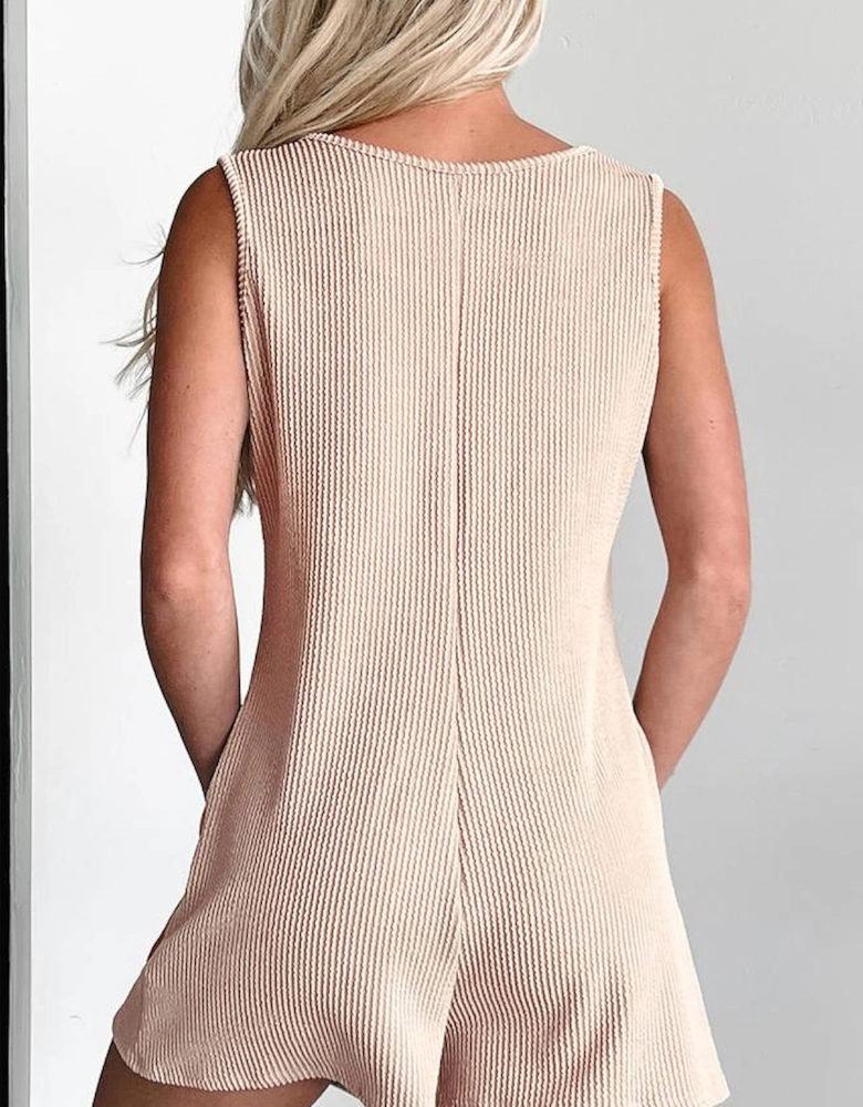 Parchment Corded Knit Side Pockets Buttoned Sleeveless Romper