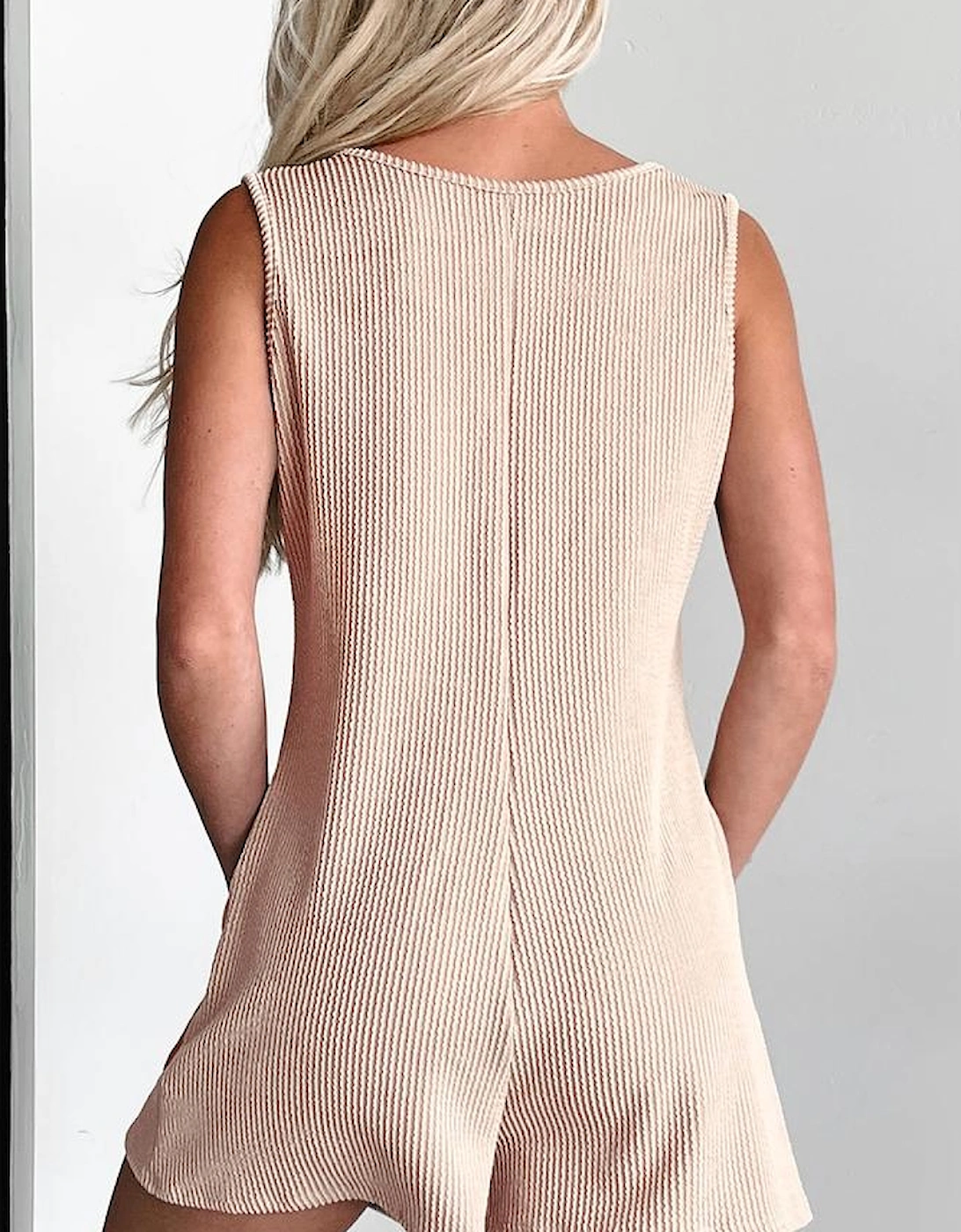 Parchment Corded Knit Side Pockets Buttoned Sleeveless Romper