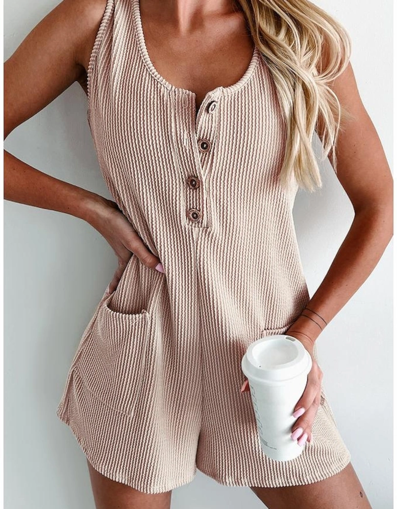 Parchment Corded Knit Side Pockets Buttoned Sleeveless Romper