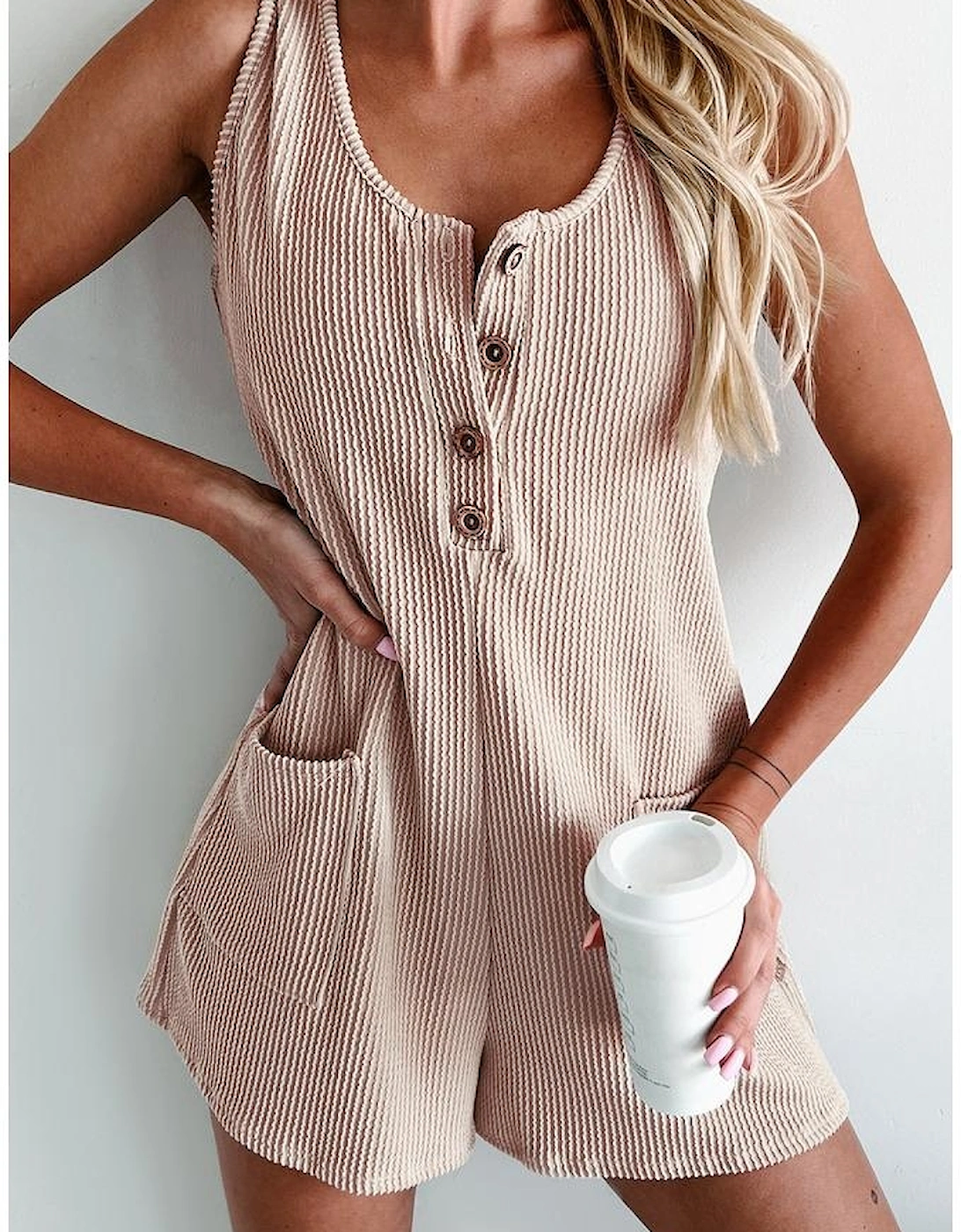 Parchment Corded Knit Side Pockets Buttoned Sleeveless Romper