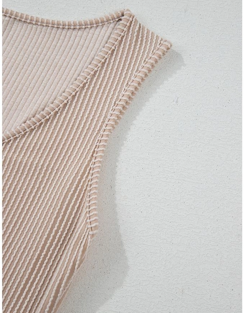 Parchment Corded Knit Side Pockets Buttoned Sleeveless Romper