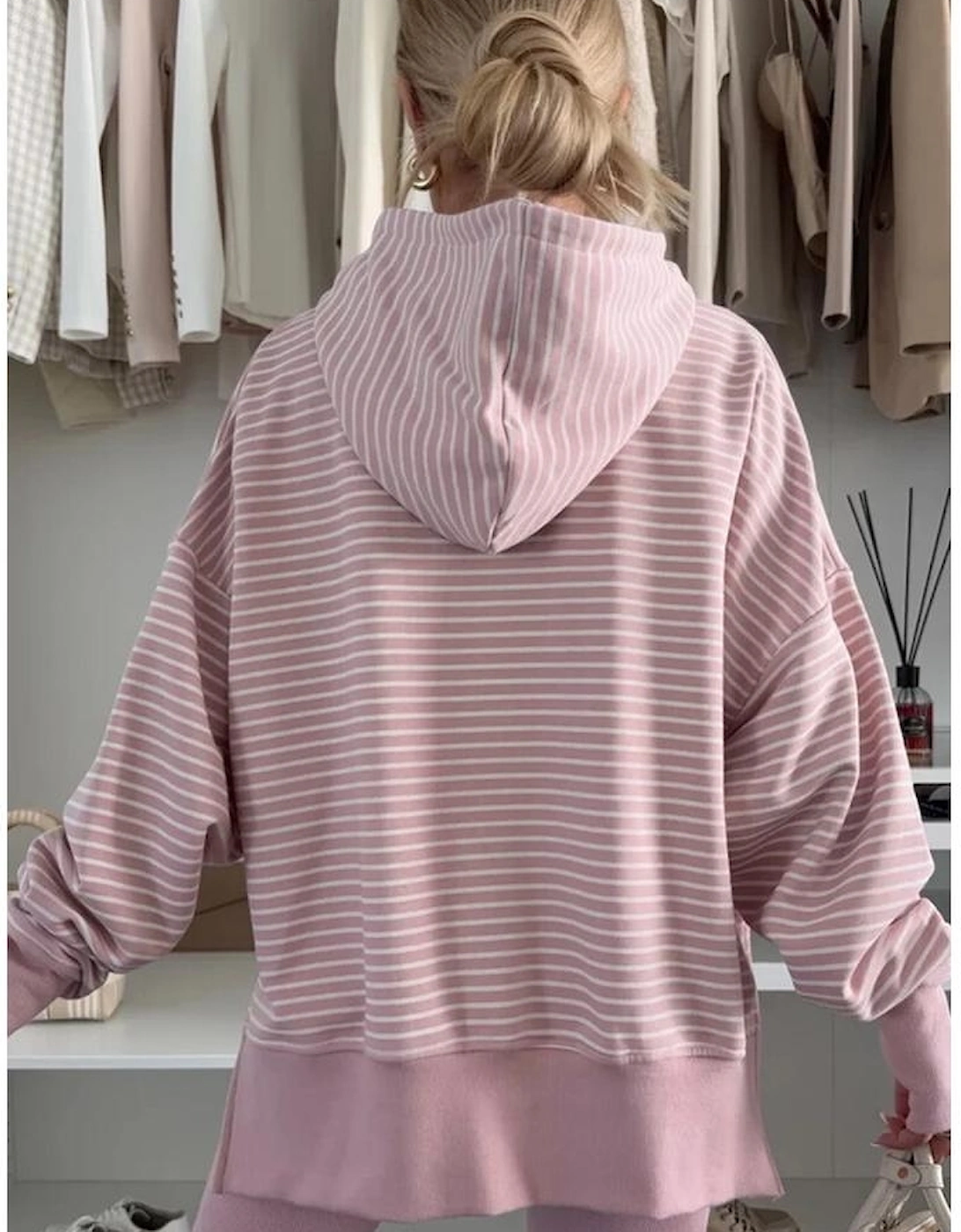 Purple Stripe Thumbhole Side Slits Drop Shoulder Loose Fit Hoodie