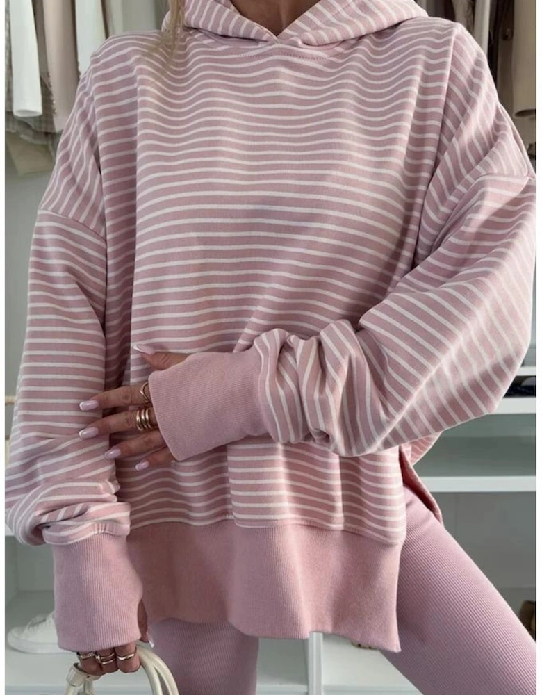 Purple Stripe Thumbhole Side Slits Drop Shoulder Loose Fit Hoodie