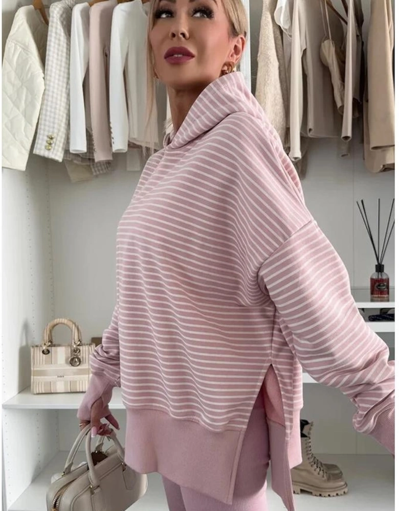 Purple Stripe Thumbhole Side Slits Drop Shoulder Loose Fit Hoodie