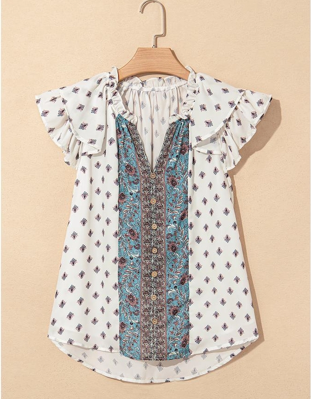 White Boho Pattern Tiered Ruffled Sleeve V Neck Buttoned Blouse