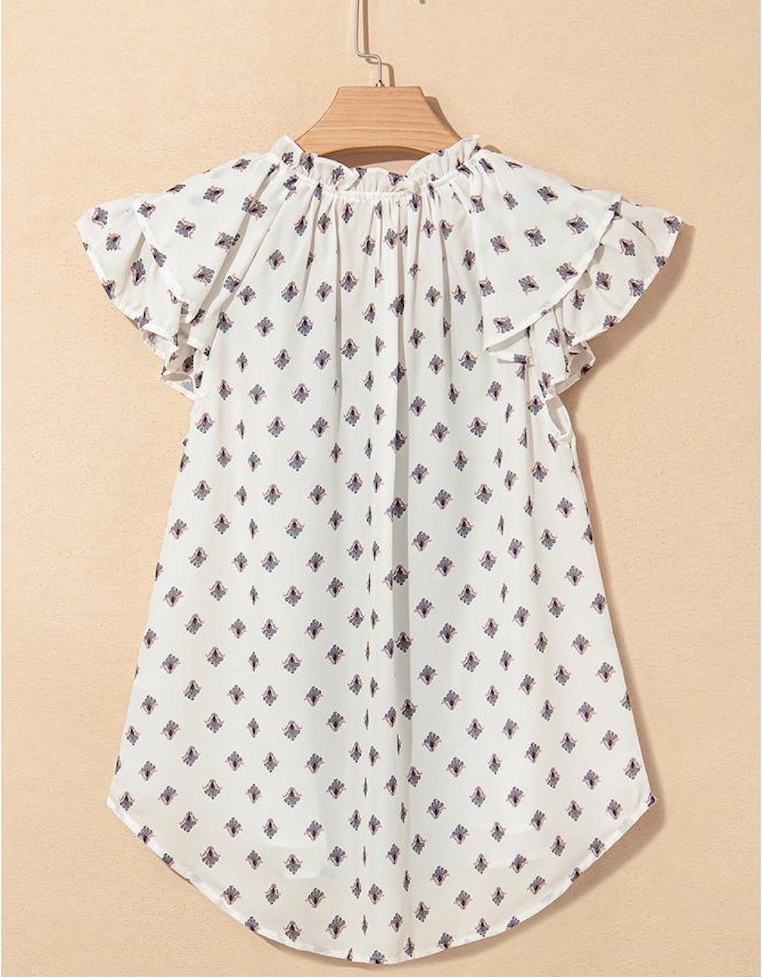 White Boho Pattern Tiered Ruffled Sleeve V Neck Buttoned Blouse