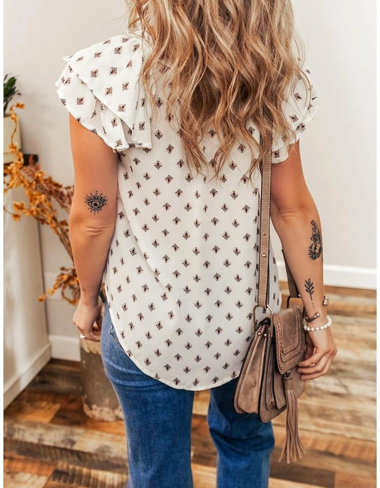 White Boho Pattern Tiered Ruffled Sleeve V Neck Buttoned Blouse