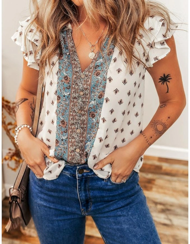 White Boho Pattern Tiered Ruffled Sleeve V Neck Buttoned Blouse