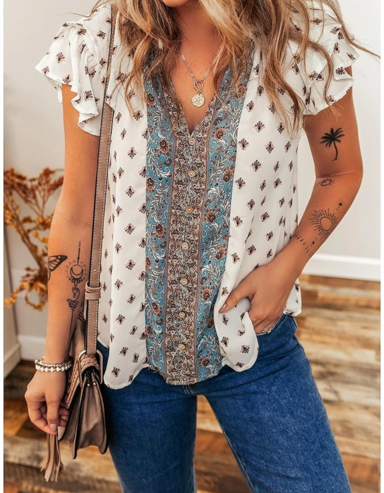 White Boho Pattern Tiered Ruffled Sleeve V Neck Buttoned Blouse