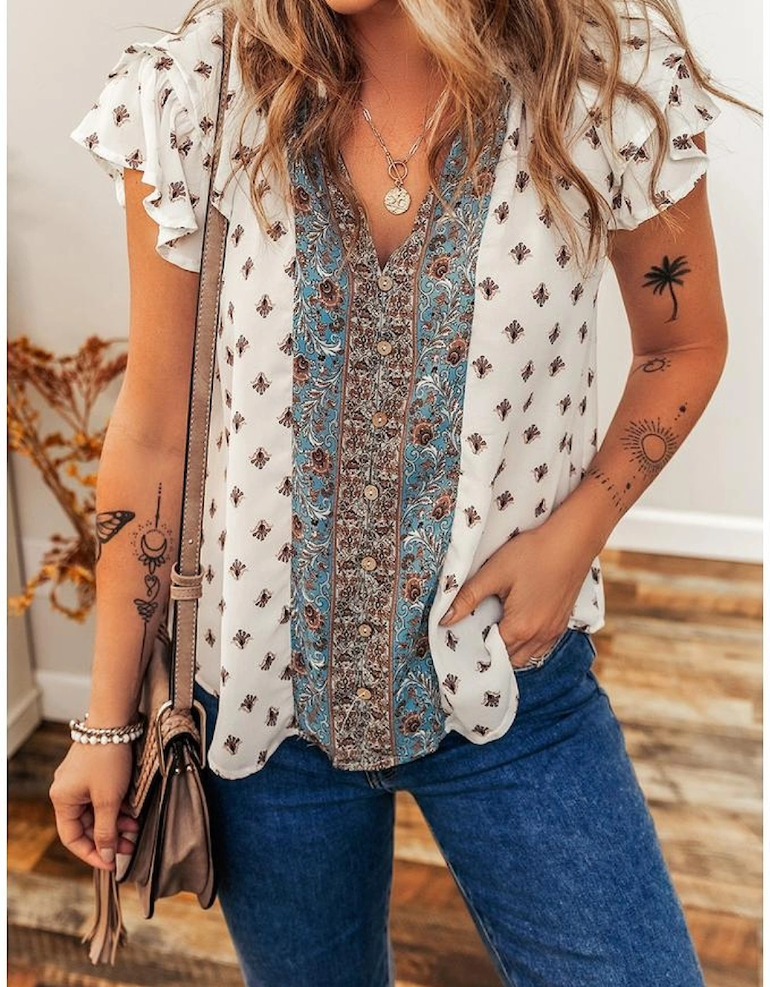 White Boho Pattern Tiered Ruffled Sleeve V Neck Buttoned Blouse