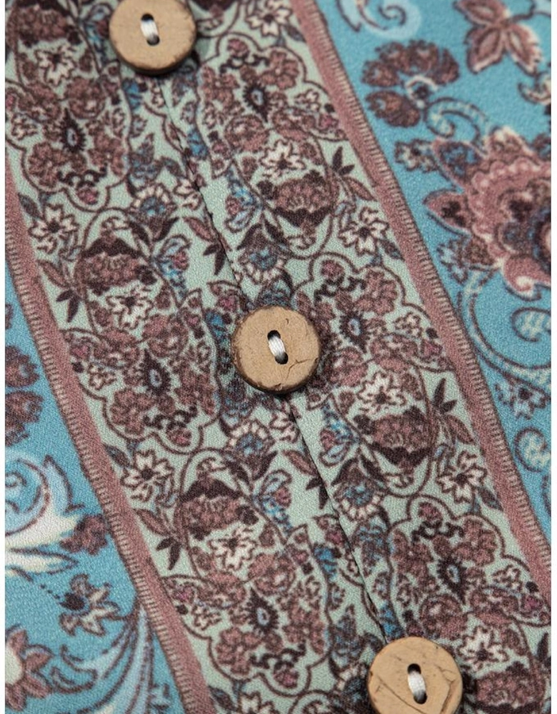 White Boho Pattern Tiered Ruffled Sleeve V Neck Buttoned Blouse