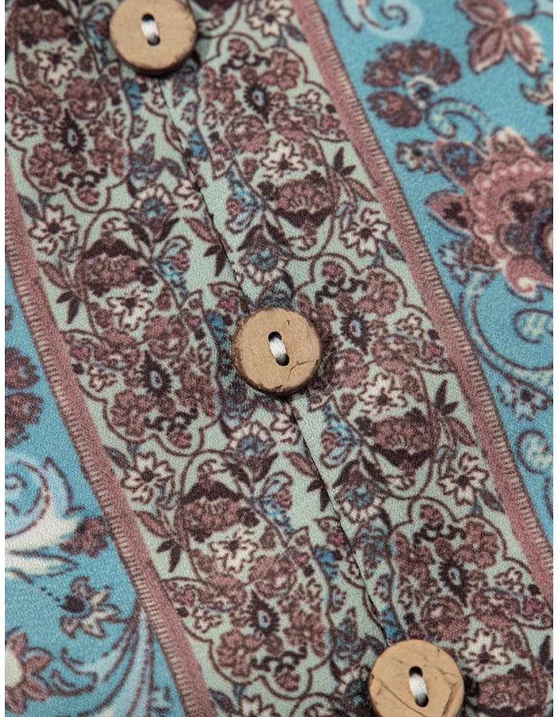 White Boho Pattern Tiered Ruffled Sleeve V Neck Buttoned Blouse