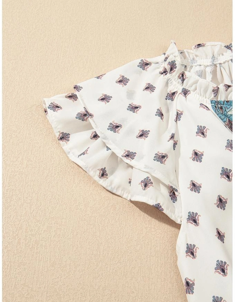 White Boho Pattern Tiered Ruffled Sleeve V Neck Buttoned Blouse