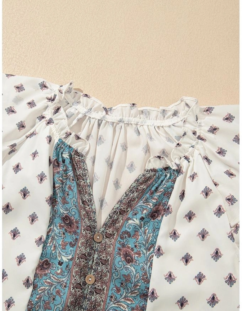 White Boho Pattern Tiered Ruffled Sleeve V Neck Buttoned Blouse