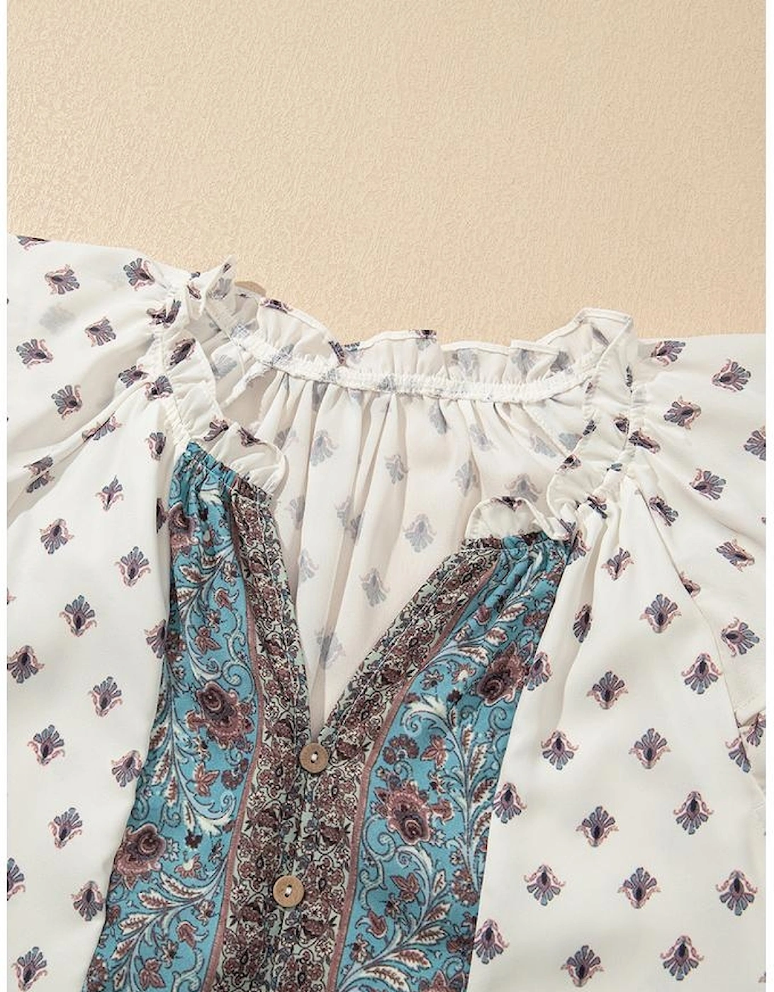 White Boho Pattern Tiered Ruffled Sleeve V Neck Buttoned Blouse