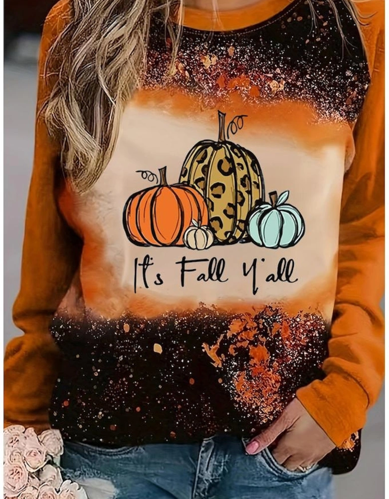Gold Flame It's Fall Yall Halloween Pumpkin Graphic Bleached Top