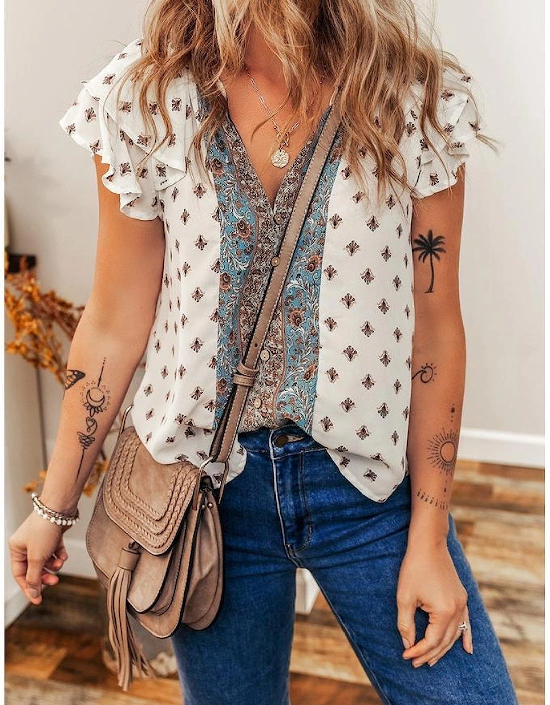 White Boho Pattern Tiered Ruffled Sleeve V Neck Buttoned Blouse