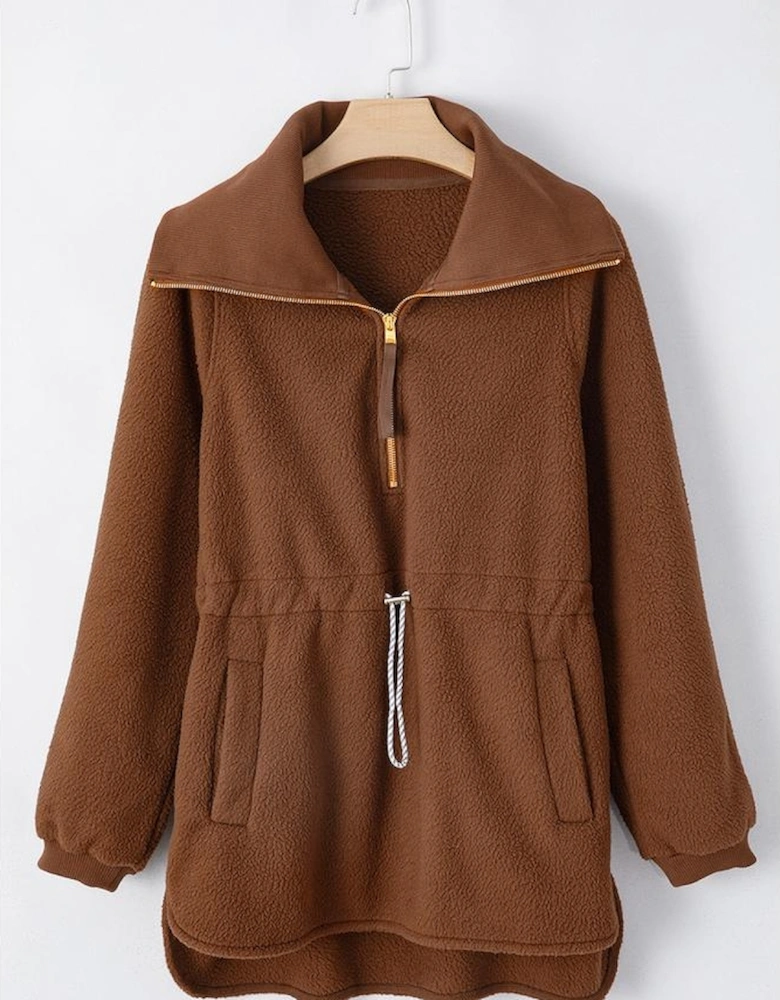 Brown Half Zip Fleece Pullover Sweatshirt