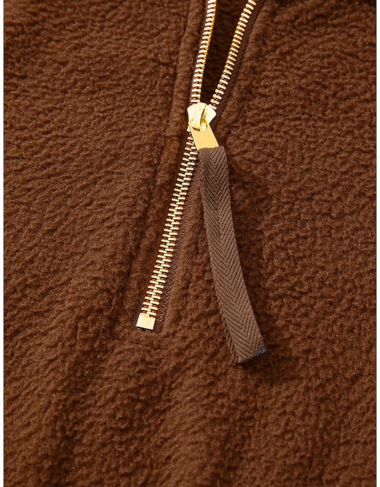 Brown Half Zip Fleece Pullover Sweatshirt