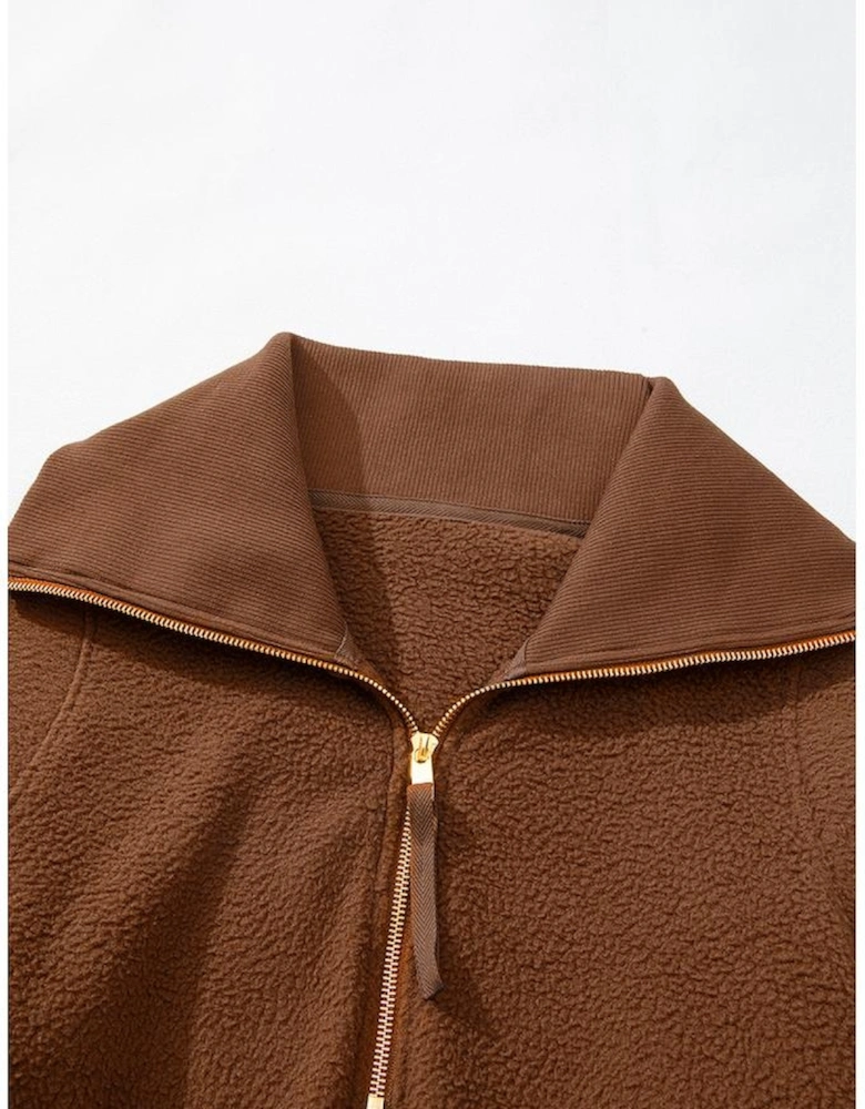 Brown Half Zip Fleece Pullover Sweatshirt