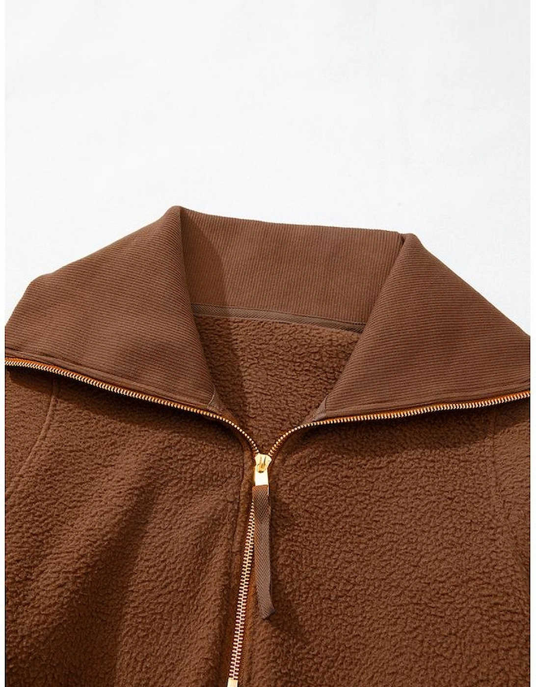 Brown Half Zip Fleece Pullover Sweatshirt