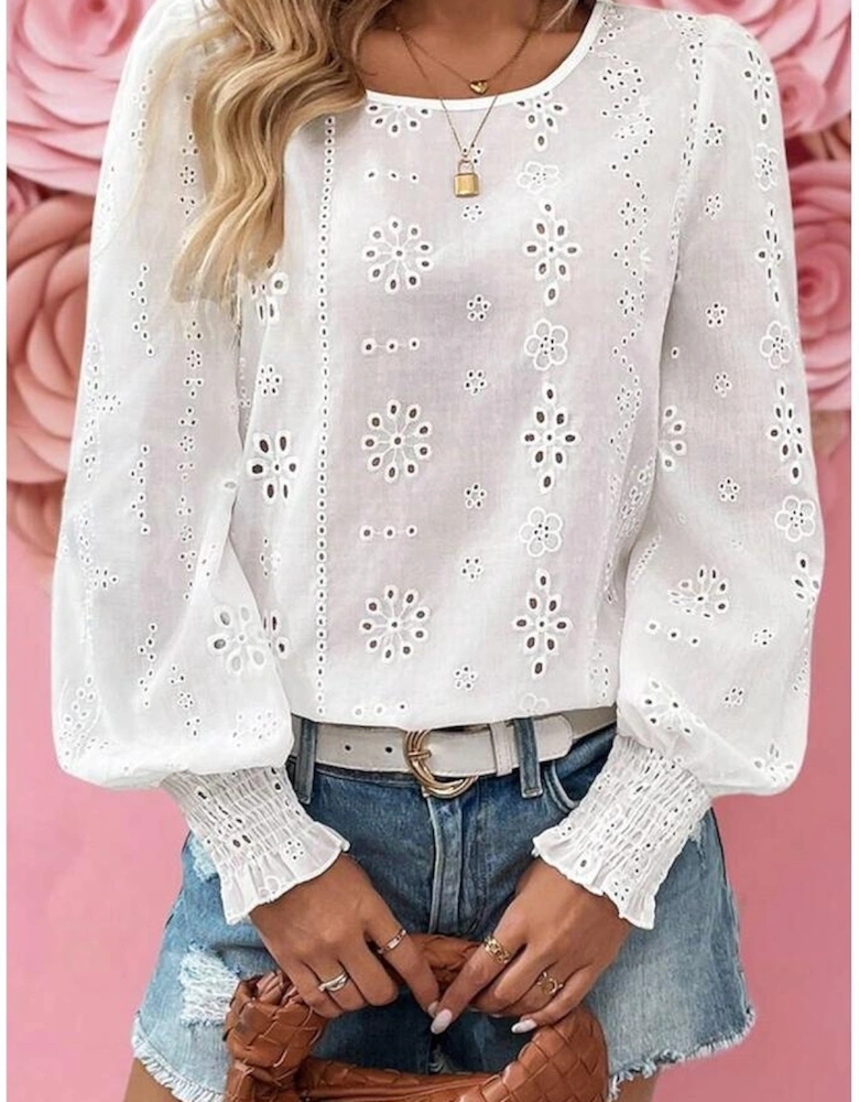 White Eyelet Embroidered Smocked Cuff Sheer Blouse