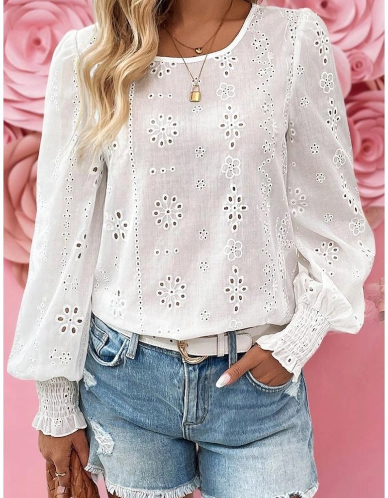White Eyelet Embroidered Smocked Cuff Sheer Blouse