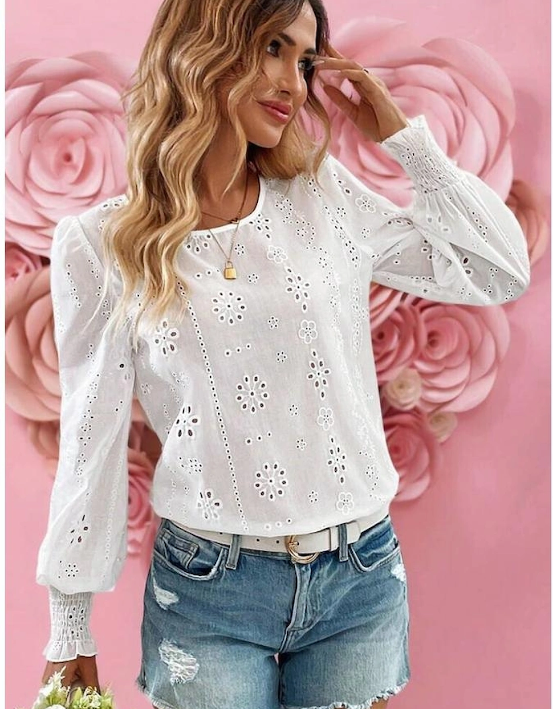 White Eyelet Embroidered Smocked Cuff Sheer Blouse