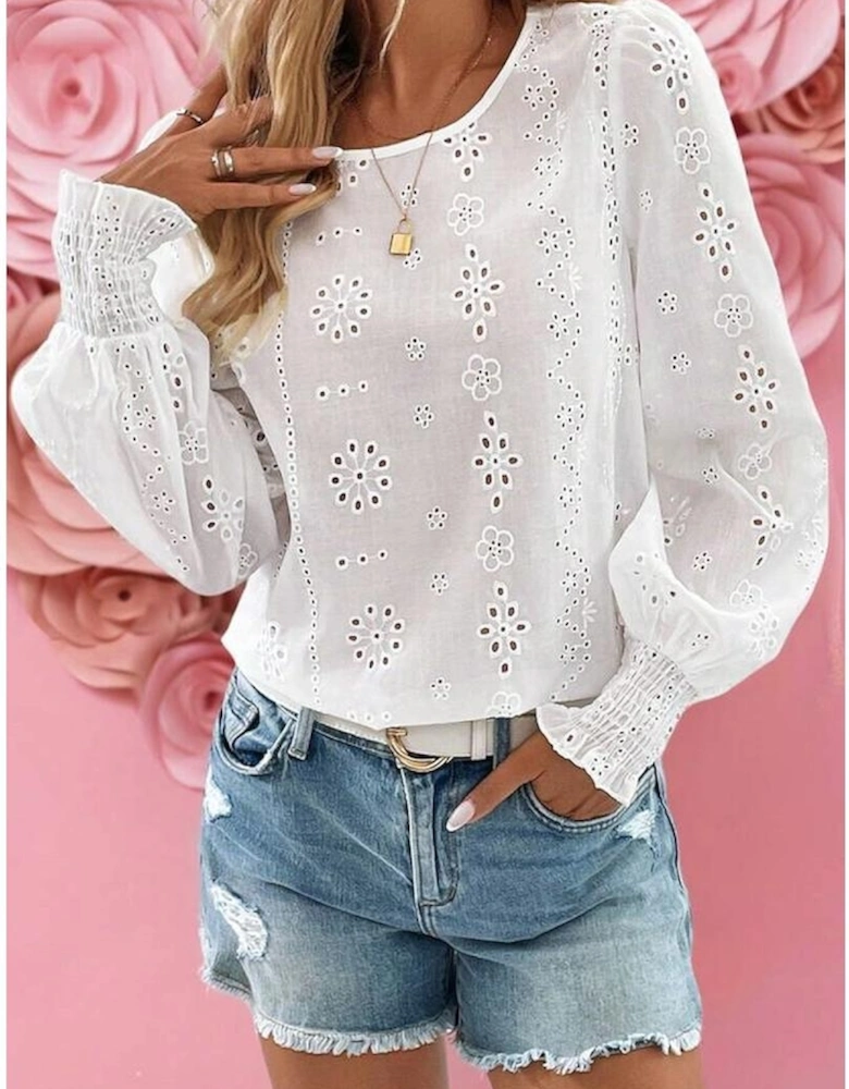 White Eyelet Embroidered Smocked Cuff Sheer Blouse