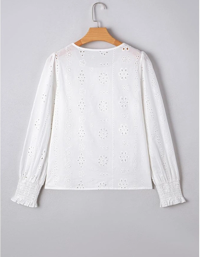 White Eyelet Embroidered Smocked Cuff Sheer Blouse