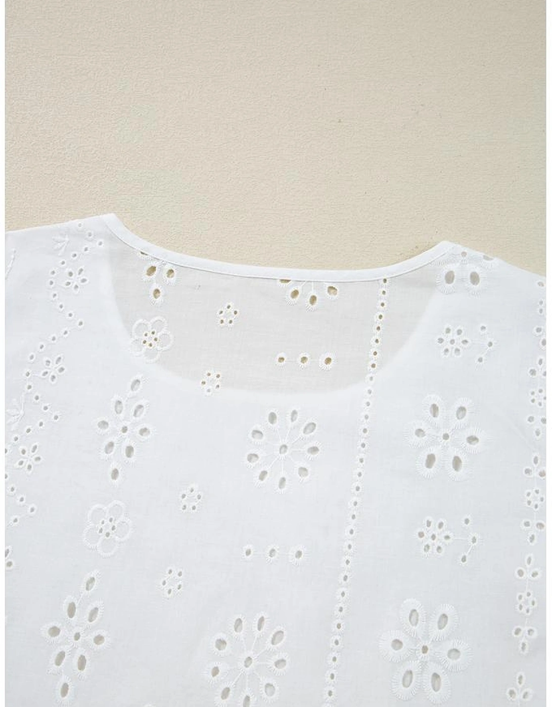 White Eyelet Embroidered Smocked Cuff Sheer Blouse