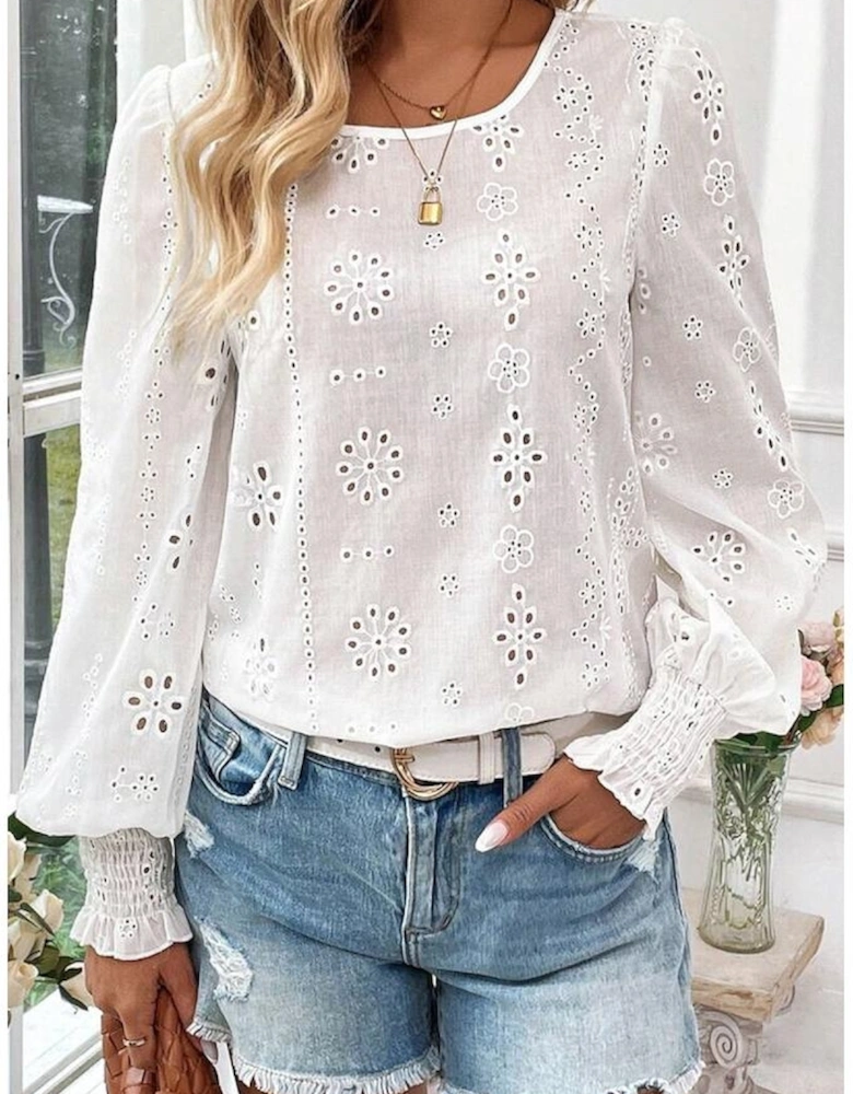 White Eyelet Embroidered Smocked Cuff Sheer Blouse
