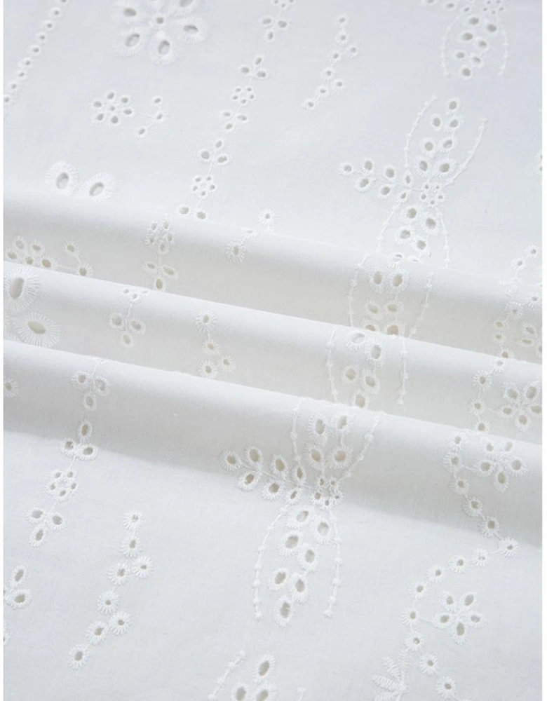 White Eyelet Embroidered Smocked Cuff Sheer Blouse