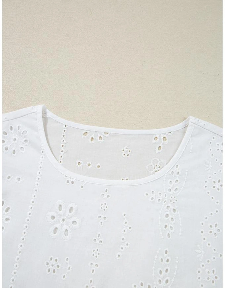 White Eyelet Embroidered Smocked Cuff Sheer Blouse