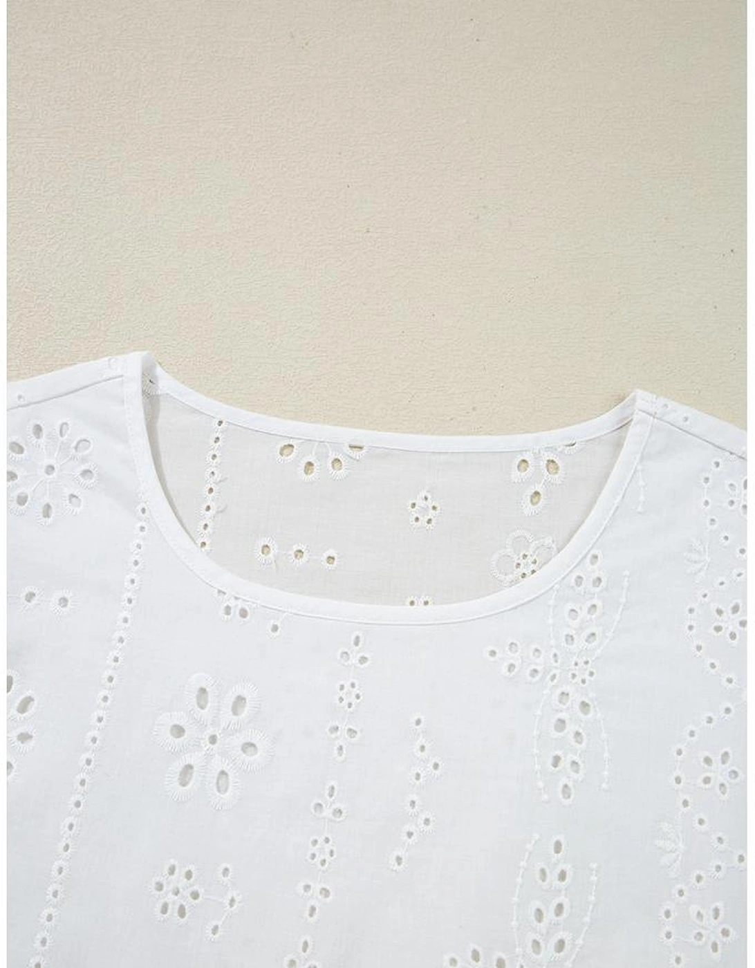 White Eyelet Embroidered Smocked Cuff Sheer Blouse