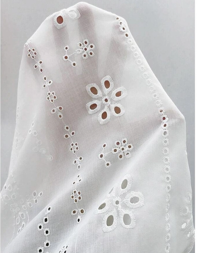 White Eyelet Embroidered Smocked Cuff Sheer Blouse