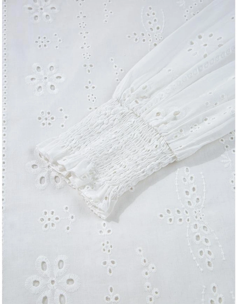 White Eyelet Embroidered Smocked Cuff Sheer Blouse
