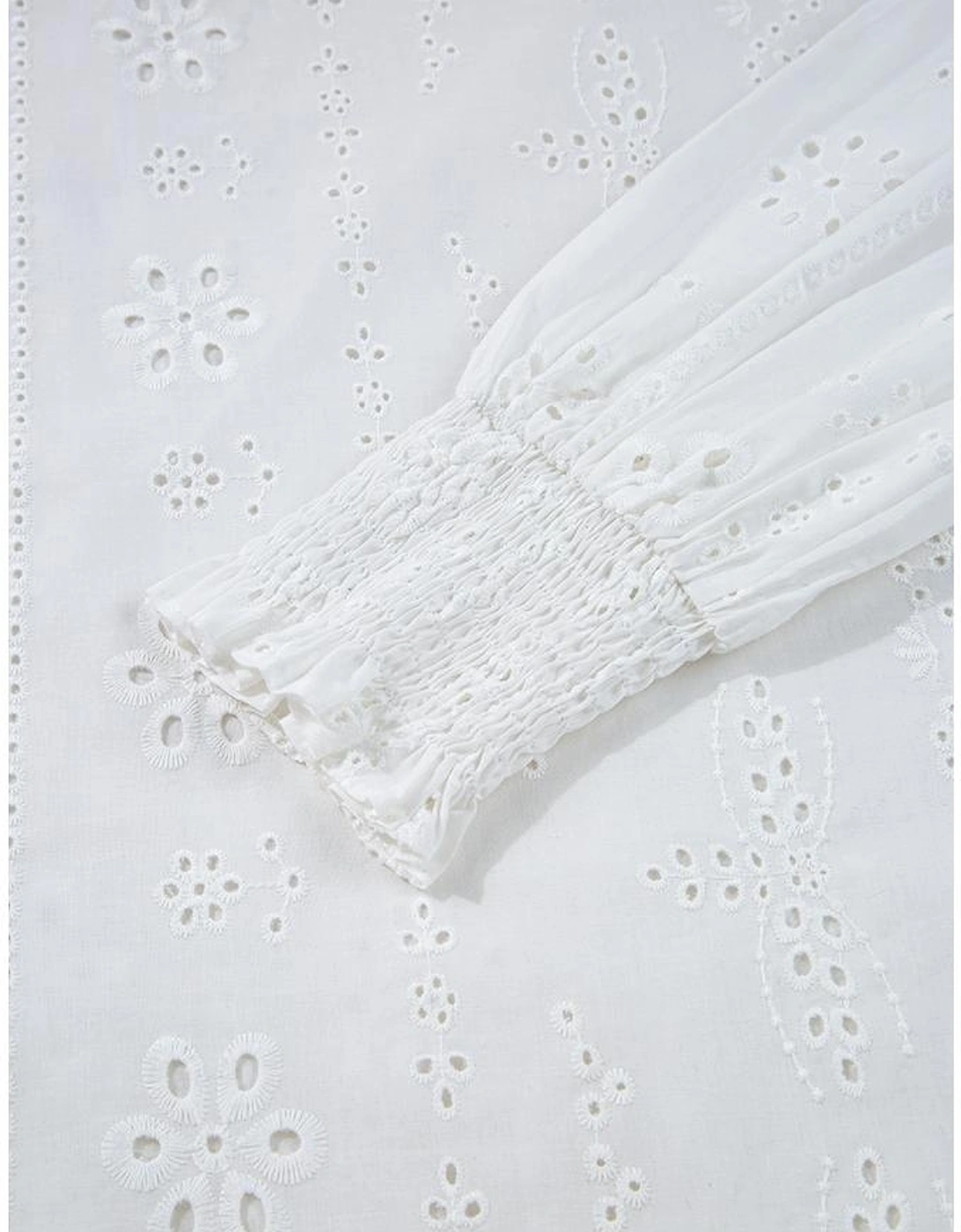White Eyelet Embroidered Smocked Cuff Sheer Blouse