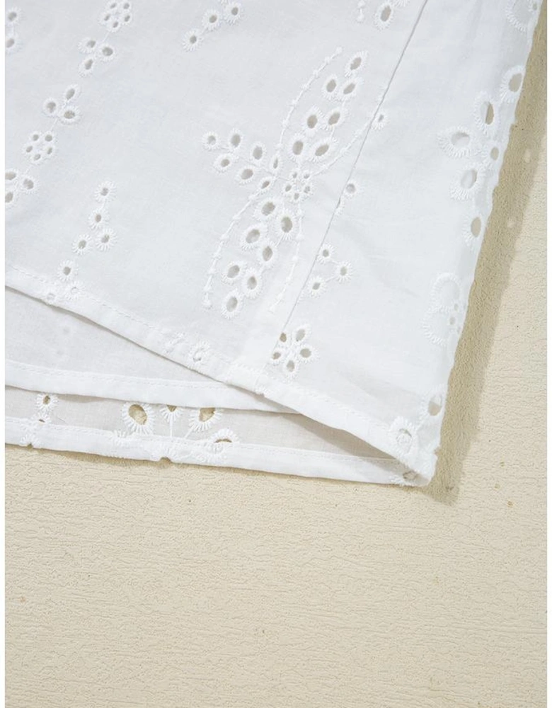 White Eyelet Embroidered Smocked Cuff Sheer Blouse