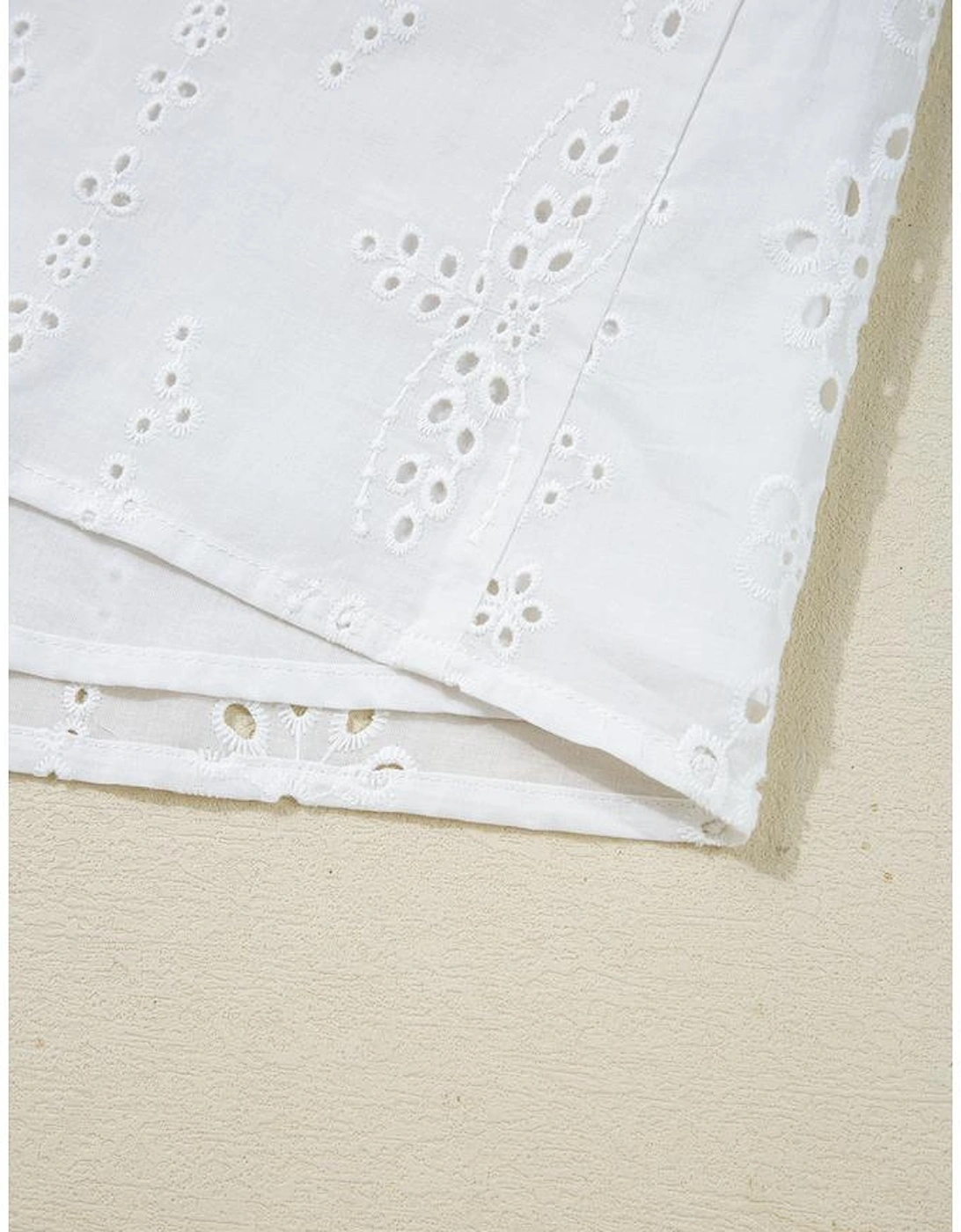 White Eyelet Embroidered Smocked Cuff Sheer Blouse