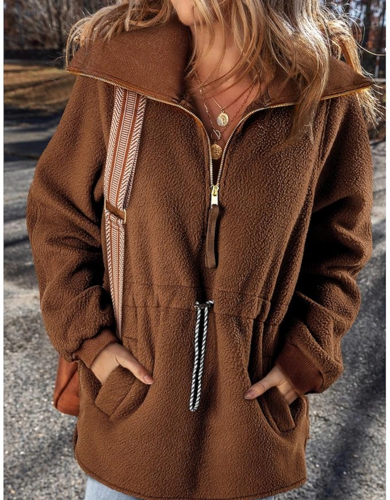 Brown Half Zip Fleece Pullover Sweatshirt