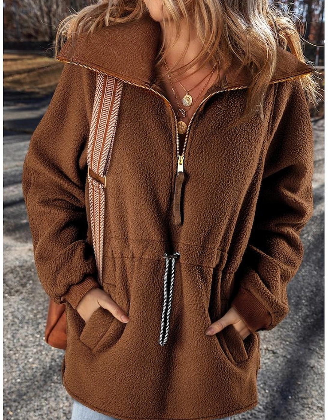 Brown Half Zip Fleece Pullover Sweatshirt